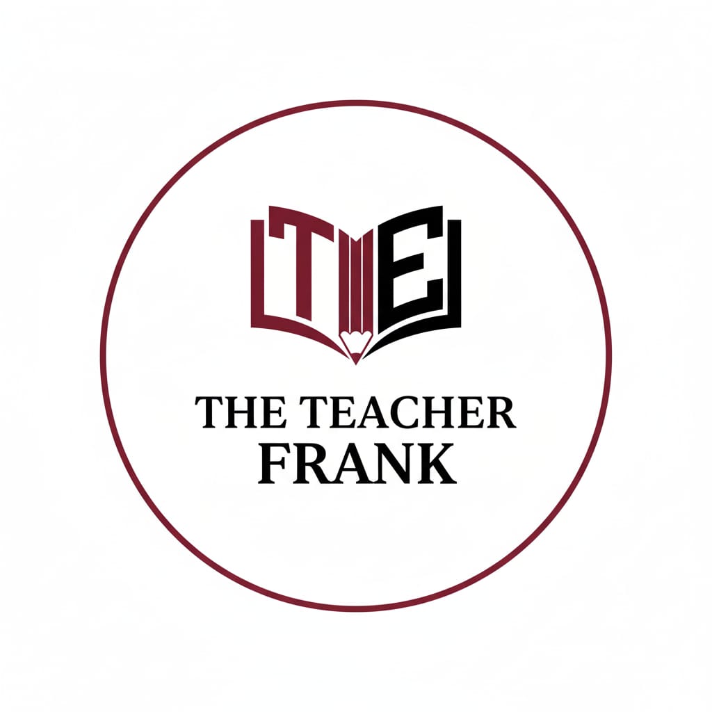 Logo de "The Teacher Frank", que incluye un libro abierto con un corazón, simbolizando la educación y la pasión por la enseñanza.