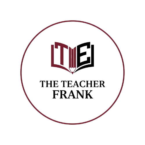 Logo de "The Teacher Frank", que presenta un libro abierto y el texto estilizado en colores negro y rojo, simbolizando la educación y el aprendizaje.